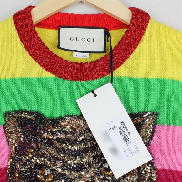 NWT Gucci Stripe Sequin Embroidered Tiger Wool Sweater - Picture 5 of 16